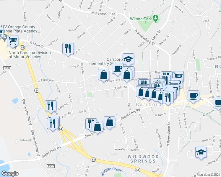map of restaurants, bars, coffee shops, grocery stores, and more near 112 Fidelity Street in Carrboro