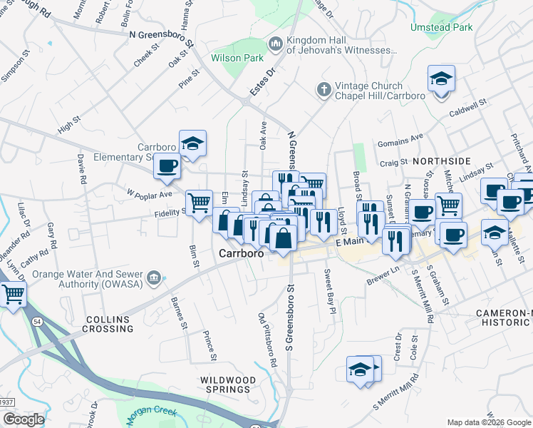 map of restaurants, bars, coffee shops, grocery stores, and more near 200 Oak Avenue in Carrboro