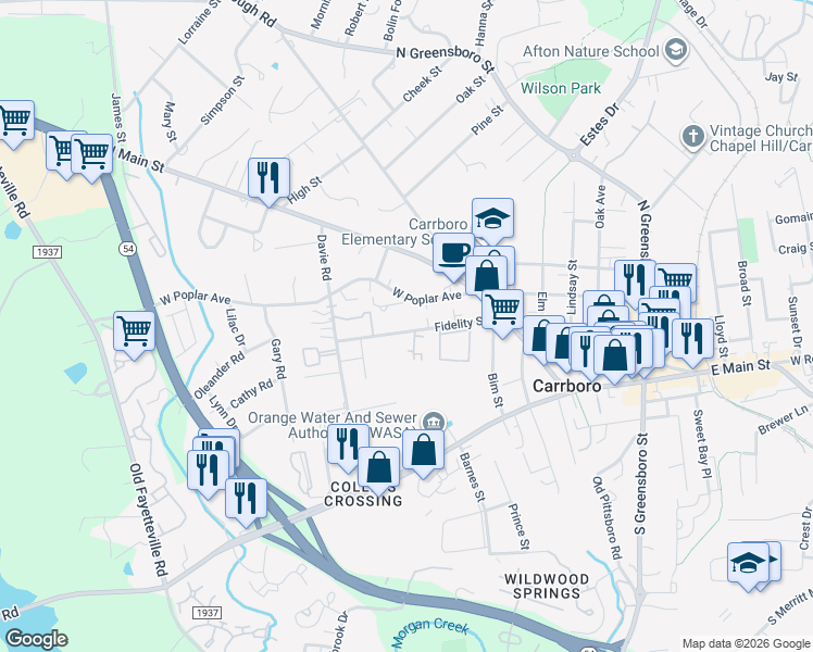 map of restaurants, bars, coffee shops, grocery stores, and more near in Carrboro
