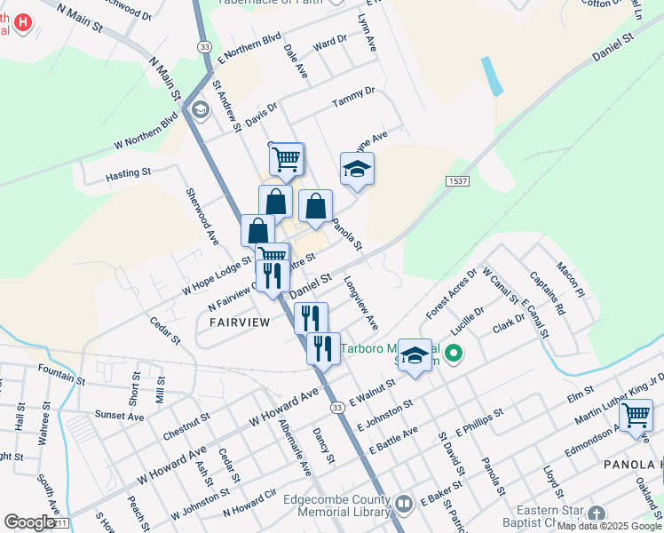 map of restaurants, bars, coffee shops, grocery stores, and more near 208 Daniel Street in Tarboro
