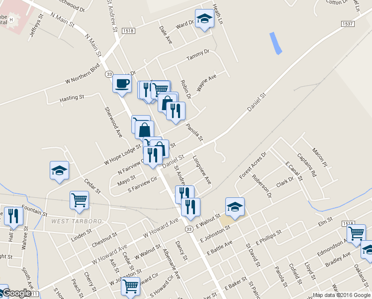 map of restaurants, bars, coffee shops, grocery stores, and more near 208 Daniel Street in Tarboro