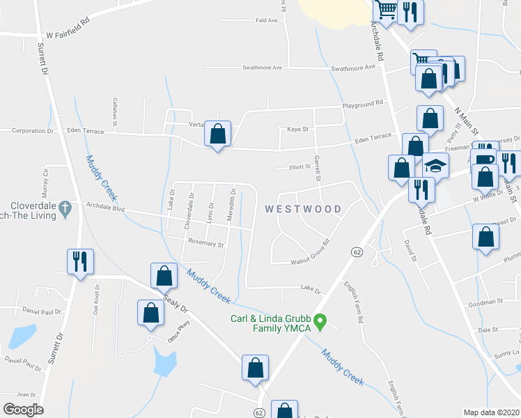 map of restaurants, bars, coffee shops, grocery stores, and more near 310 Lake Drive in Archdale
