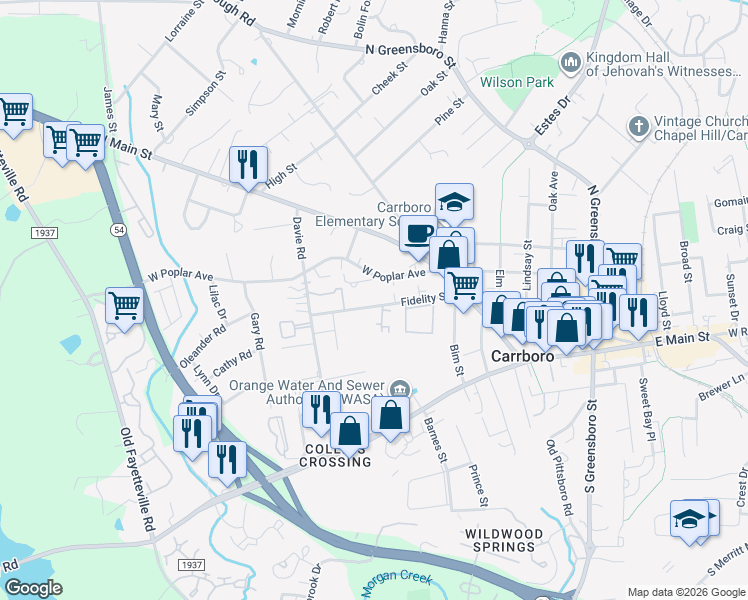 map of restaurants, bars, coffee shops, grocery stores, and more near in Carrboro