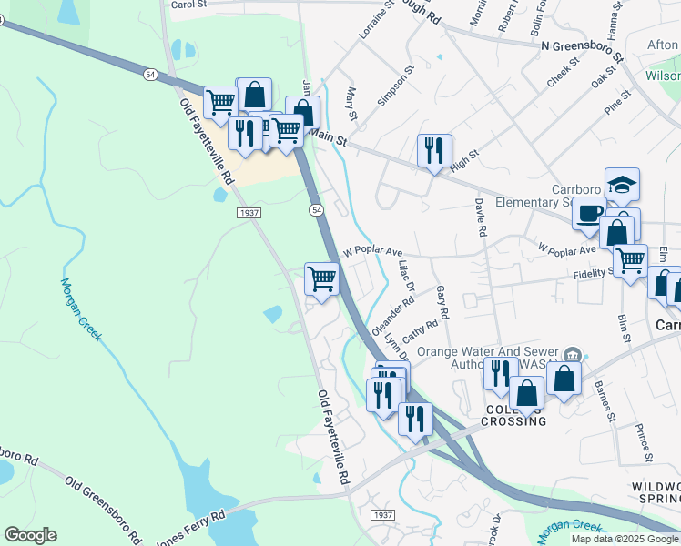 map of restaurants, bars, coffee shops, grocery stores, and more near West North Carolina Highway 54 Bypass in Carrboro