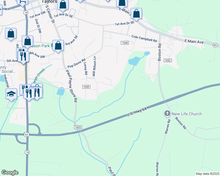 map of restaurants, bars, coffee shops, grocery stores, and more near 116 Helens Way in Taylorsville