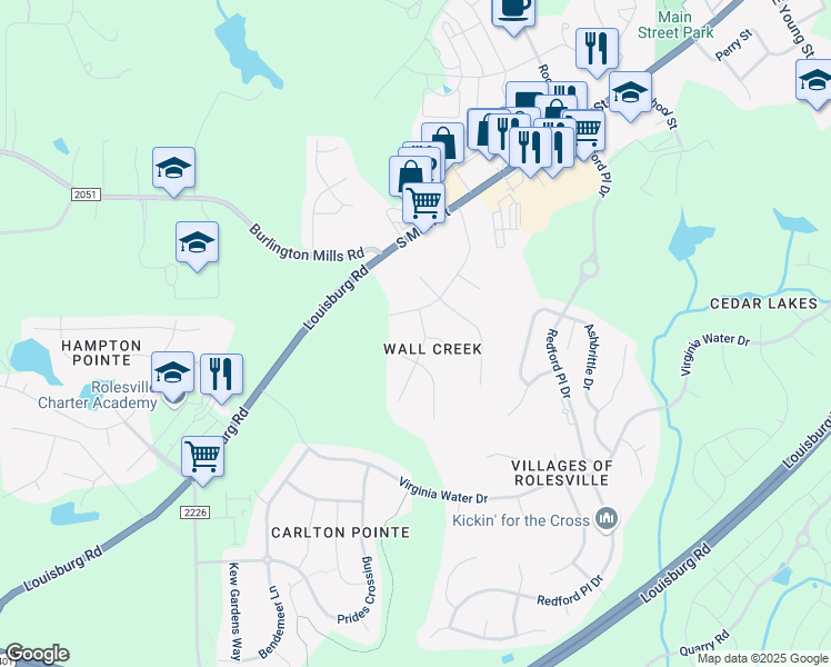 map of restaurants, bars, coffee shops, grocery stores, and more near in Rolesville