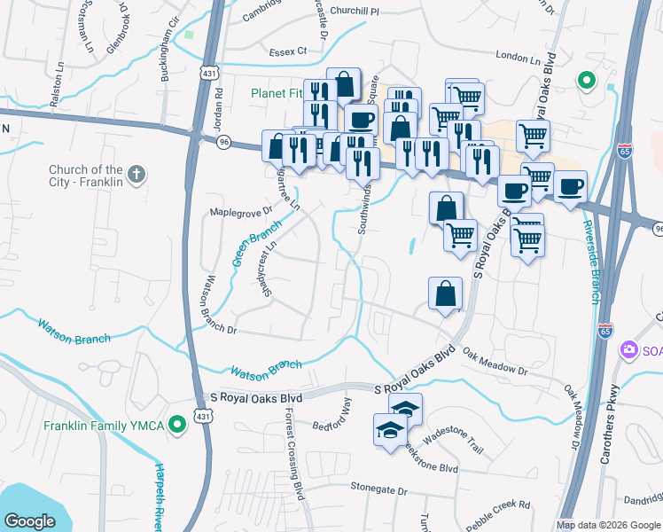 map of restaurants, bars, coffee shops, grocery stores, and more near 2705 Kennedy Court in Franklin