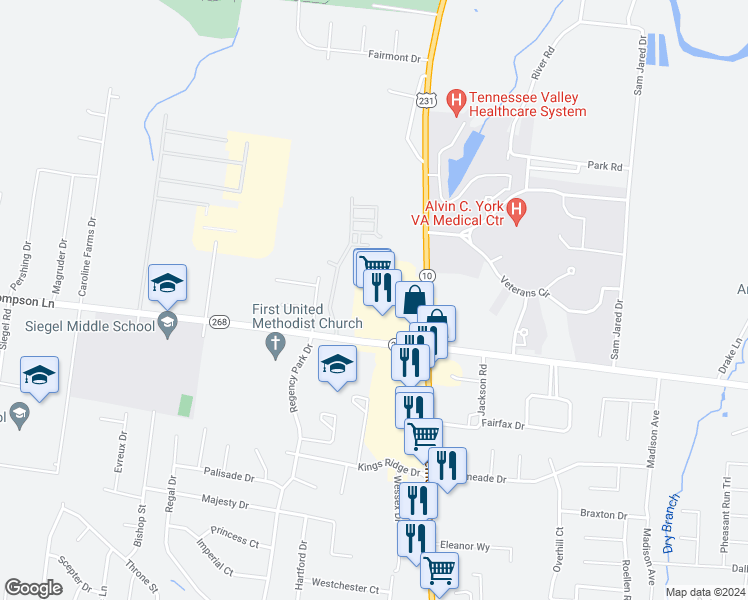 map of restaurants, bars, coffee shops, grocery stores, and more near 3419 Memorial Boulevard in Murfreesboro
