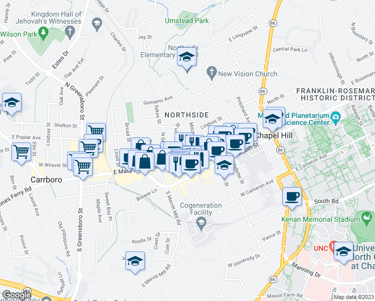 map of restaurants, bars, coffee shops, grocery stores, and more near 400 West Rosemary Street in Chapel Hill