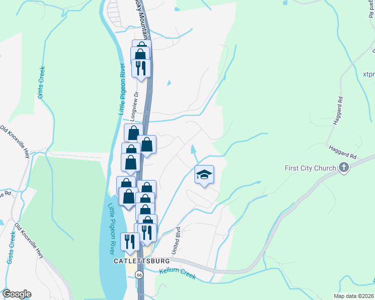 map of restaurants, bars, coffee shops, grocery stores, and more near 135 Overlook Drive in Sevierville