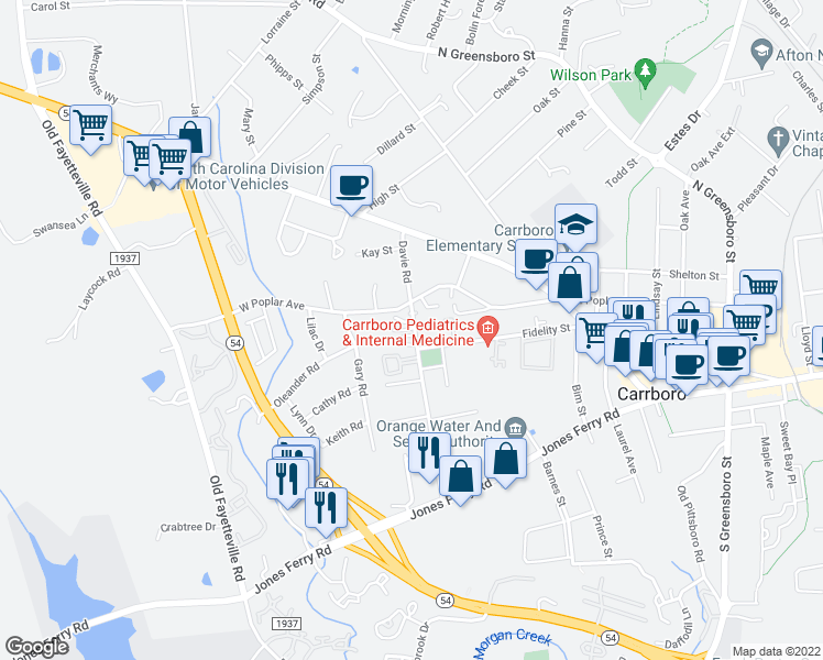 map of restaurants, bars, coffee shops, grocery stores, and more near 316 Davie Road in Carrboro