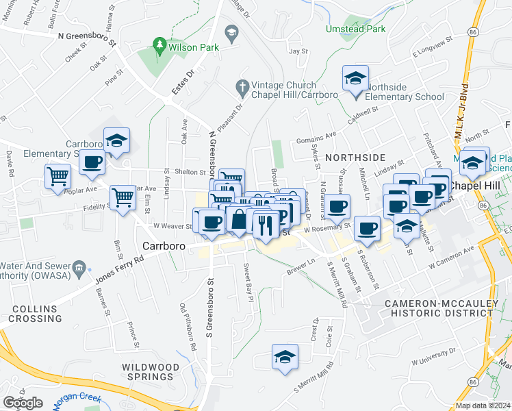 map of restaurants, bars, coffee shops, grocery stores, and more near 102 B Street in Carrboro