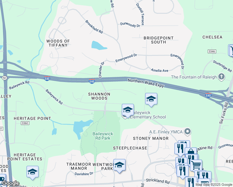 map of restaurants, bars, coffee shops, grocery stores, and more near 621 Downpatrick Lane in Raleigh