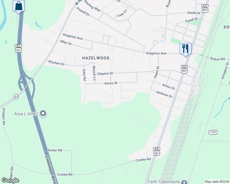 map of restaurants, bars, coffee shops, grocery stores, and more near 2825-2899 Chamberlain Road in Rocky Mount