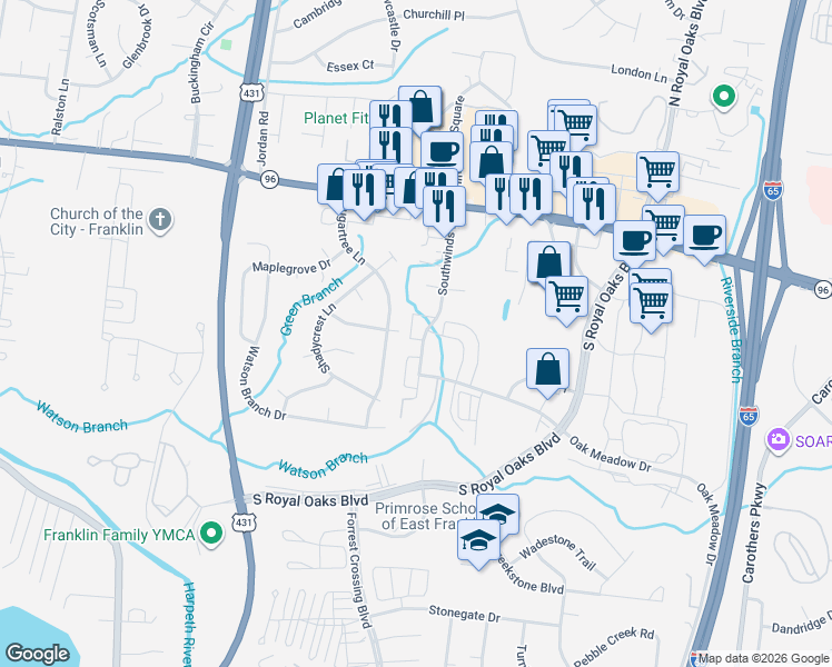 map of restaurants, bars, coffee shops, grocery stores, and more near 2501 Kennedy Court in Franklin