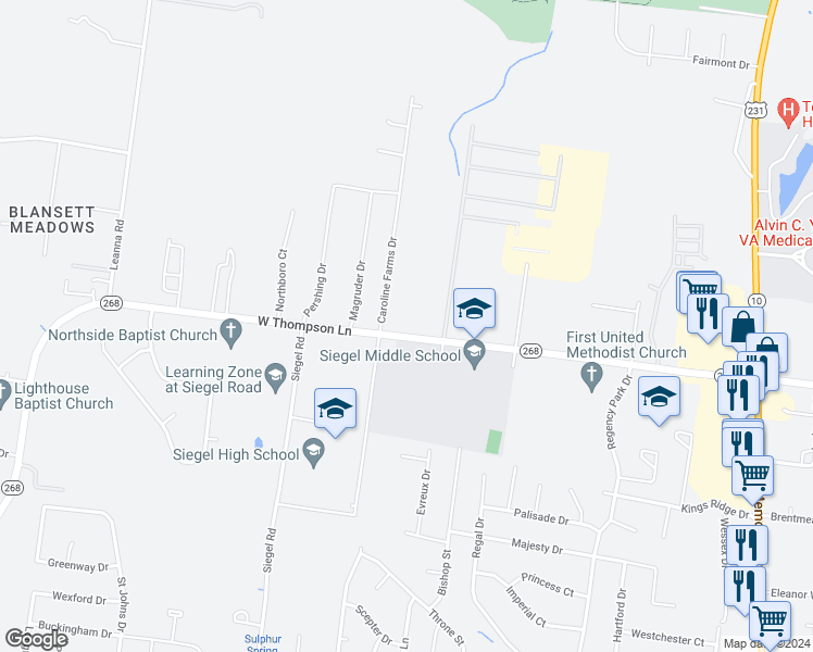 map of restaurants, bars, coffee shops, grocery stores, and more near 404 West Thompson Lane in Murfreesboro