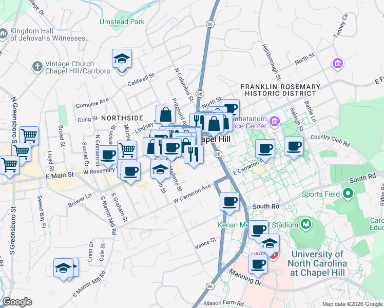 map of restaurants, bars, coffee shops, grocery stores, and more near 123 West Franklin Street in Chapel Hill