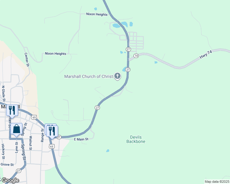 map of restaurants, bars, coffee shops, grocery stores, and more near 507 Arkansas 27 in Marshall