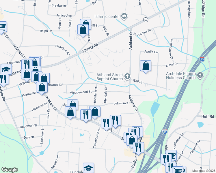 map of restaurants, bars, coffee shops, grocery stores, and more near 3505 Glendale Drive in Archdale