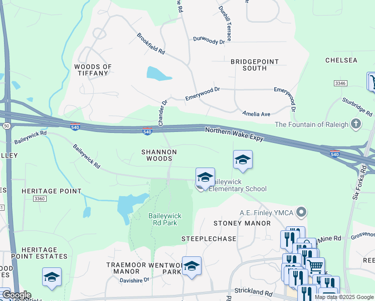 map of restaurants, bars, coffee shops, grocery stores, and more near 621 Downpatrick Lane in Raleigh