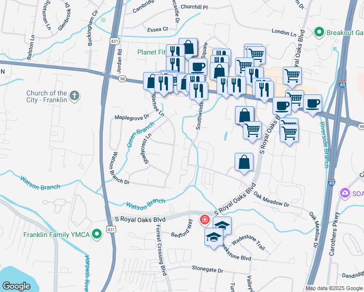 map of restaurants, bars, coffee shops, grocery stores, and more near 2713 Kennedy Court in Franklin