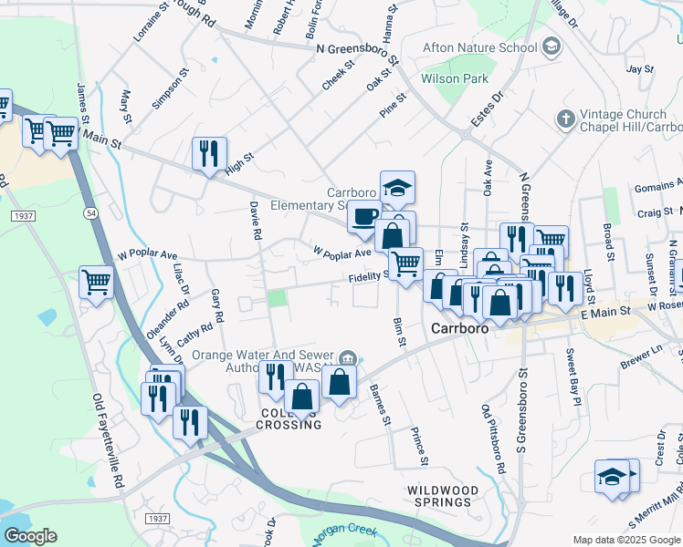 map of restaurants, bars, coffee shops, grocery stores, and more near 112 Fidelity Street in Carrboro