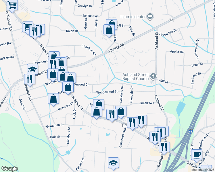 map of restaurants, bars, coffee shops, grocery stores, and more near 306 Englewood Drive in Archdale