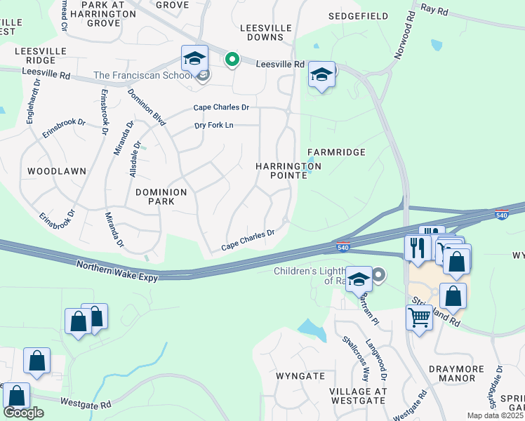 map of restaurants, bars, coffee shops, grocery stores, and more near 6115 Leesburg Lane in Raleigh