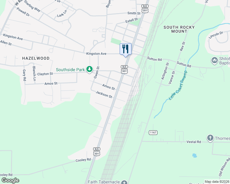 map of restaurants, bars, coffee shops, grocery stores, and more near 2804 South Church Street in Rocky Mount