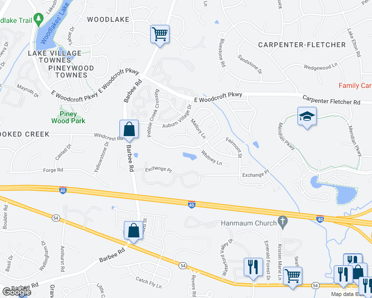 map of restaurants, bars, coffee shops, grocery stores, and more near 1142 Pebble Creek Crossing in Durham