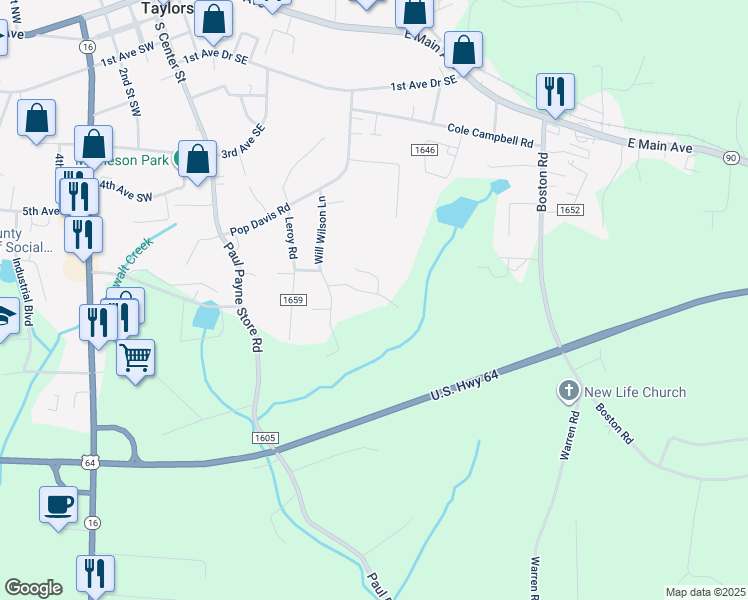 map of restaurants, bars, coffee shops, grocery stores, and more near 116 Helens Way in Taylorsville