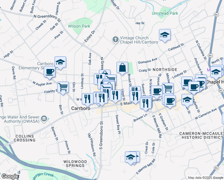 map of restaurants, bars, coffee shops, grocery stores, and more near 310 North Greensboro Street in Carrboro