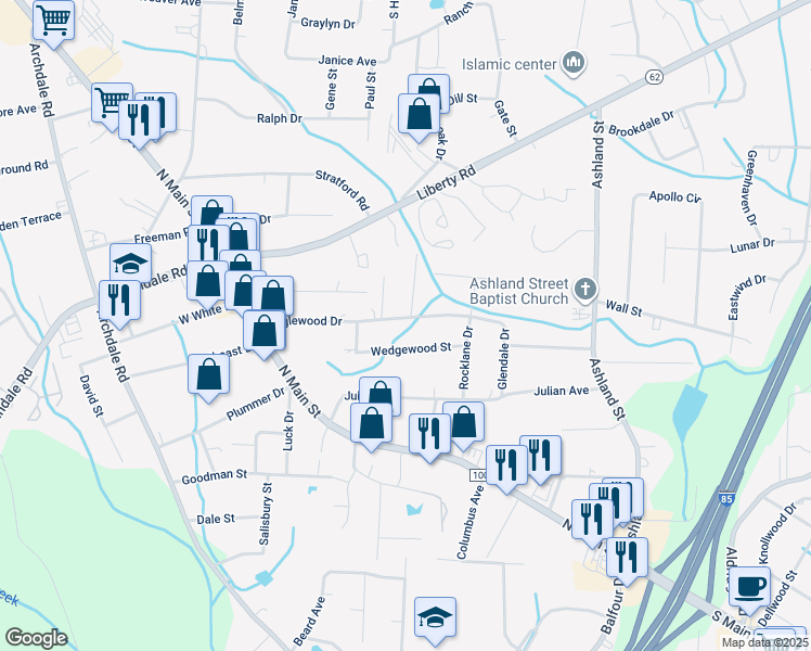 map of restaurants, bars, coffee shops, grocery stores, and more near 306 Englewood Drive in Archdale