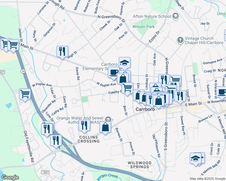 map of restaurants, bars, coffee shops, grocery stores, and more near 101 Inara Court in Carrboro