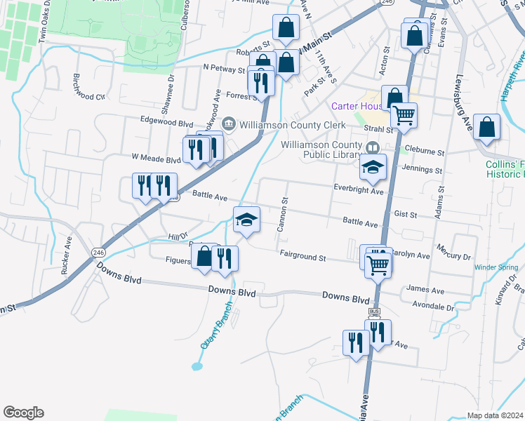 map of restaurants, bars, coffee shops, grocery stores, and more near 315 Battle Avenue in Franklin