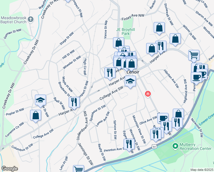 map of restaurants, bars, coffee shops, grocery stores, and more near 100 Willow Street Northwest in Lenoir