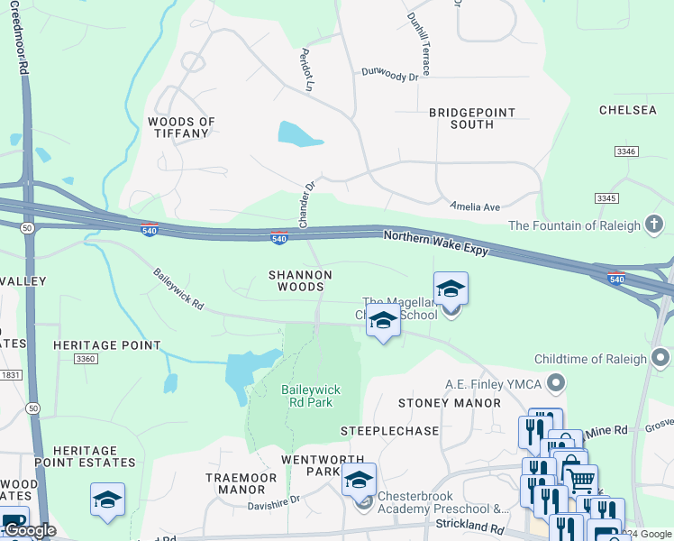 map of restaurants, bars, coffee shops, grocery stores, and more near 625 Downpatrick Lane in Raleigh