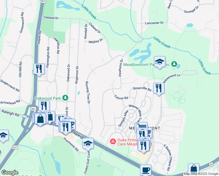 map of restaurants, bars, coffee shops, grocery stores, and more near 111 Faison Road in Chapel Hill