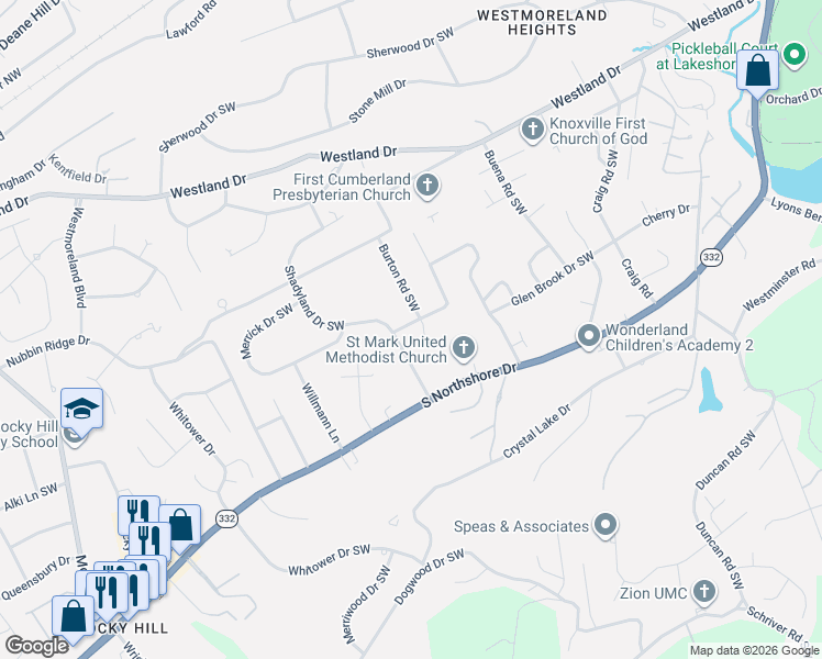 map of restaurants, bars, coffee shops, grocery stores, and more near 1133 Burton Road Southwest in Knoxville