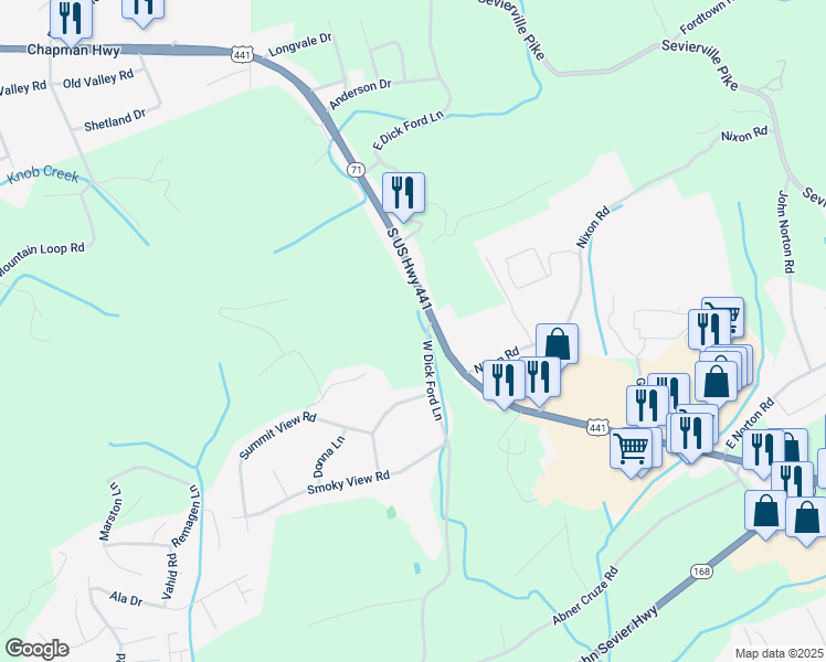 map of restaurants, bars, coffee shops, grocery stores, and more near 7101 West Dick Ford Lane in Knoxville