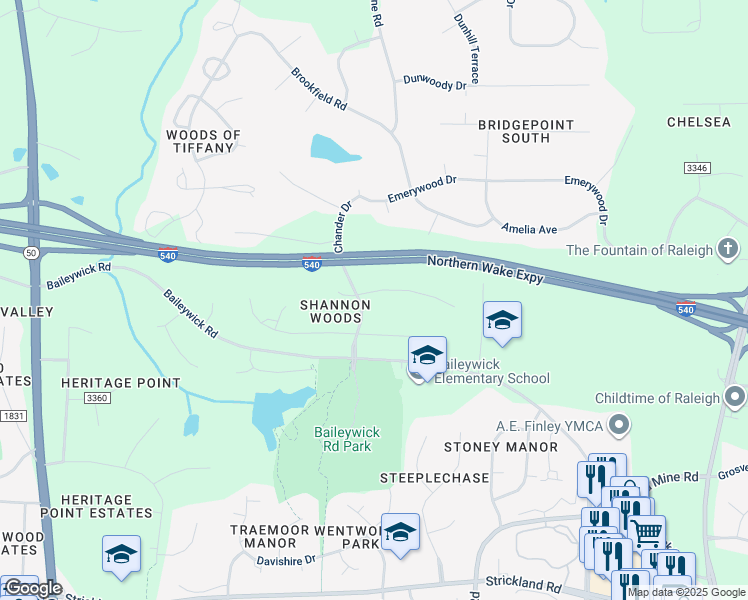 map of restaurants, bars, coffee shops, grocery stores, and more near 625 Downpatrick Lane in Raleigh