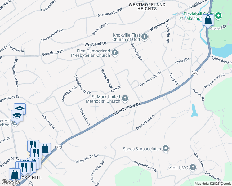 map of restaurants, bars, coffee shops, grocery stores, and more near 1304 Burton Road Southwest in Knoxville