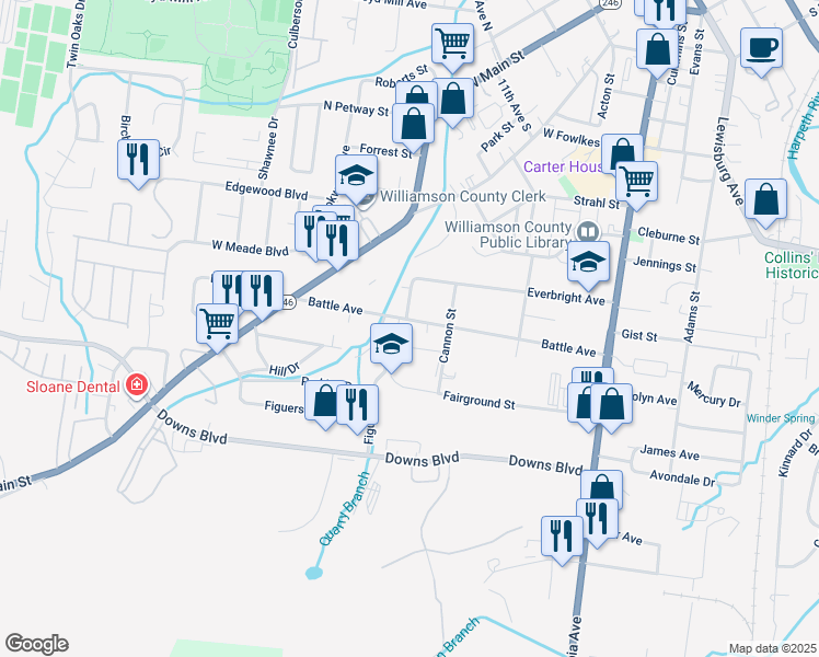 map of restaurants, bars, coffee shops, grocery stores, and more near 317 Battle Avenue in Franklin