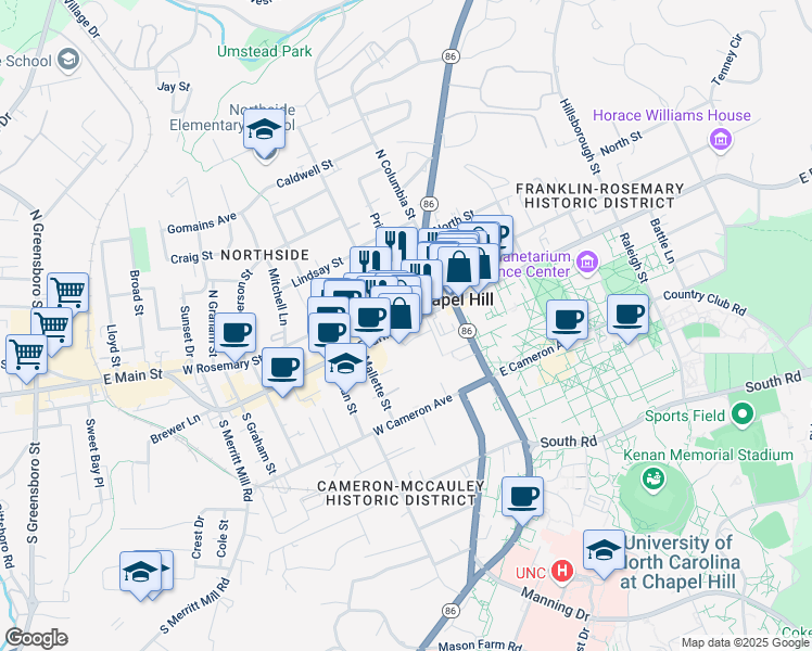 map of restaurants, bars, coffee shops, grocery stores, and more near 133 West Franklin Street in Chapel Hill