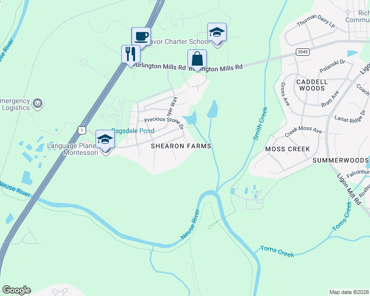 map of restaurants, bars, coffee shops, grocery stores, and more near 9716 Precious Stone Drive in Wake Forest