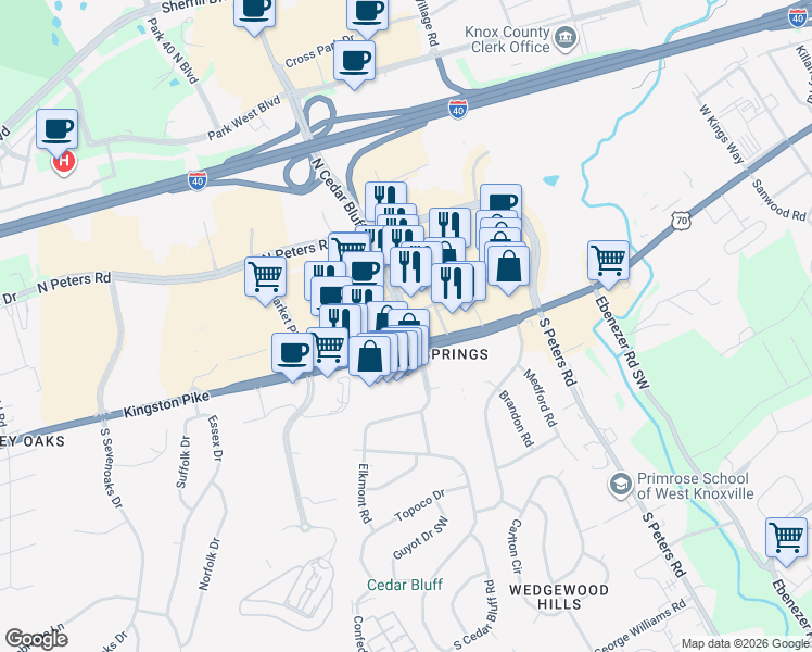map of restaurants, bars, coffee shops, grocery stores, and more near 135 North Cedar Bluff Road in Knoxville