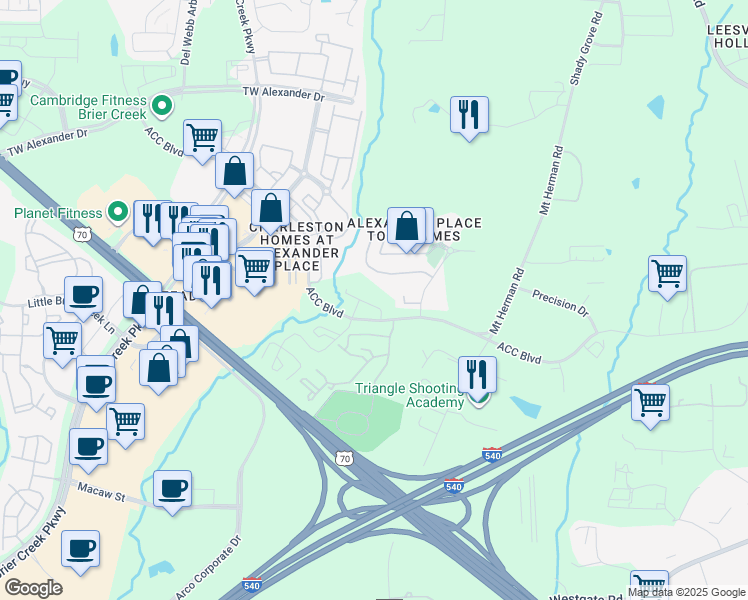 map of restaurants, bars, coffee shops, grocery stores, and more near 7677 Winners Edge Street in Raleigh