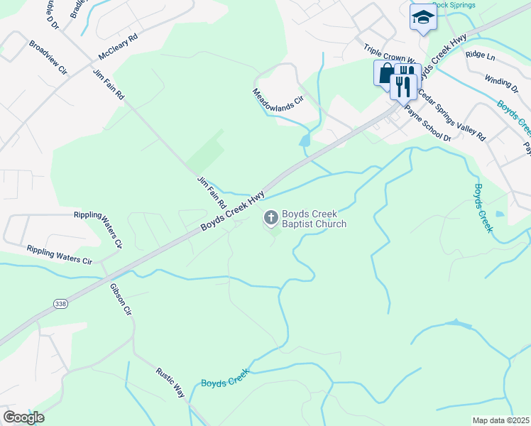 map of restaurants, bars, coffee shops, grocery stores, and more near Boyds Creek Church Road in Sevier County