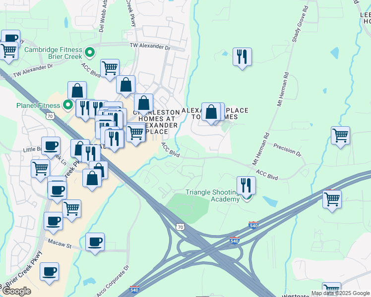 map of restaurants, bars, coffee shops, grocery stores, and more near 7650 ACC Boulevard in Raleigh