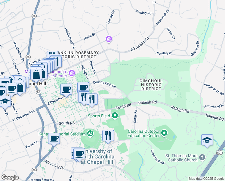 map of restaurants, bars, coffee shops, grocery stores, and more near 203 Country Club Road in Chapel Hill